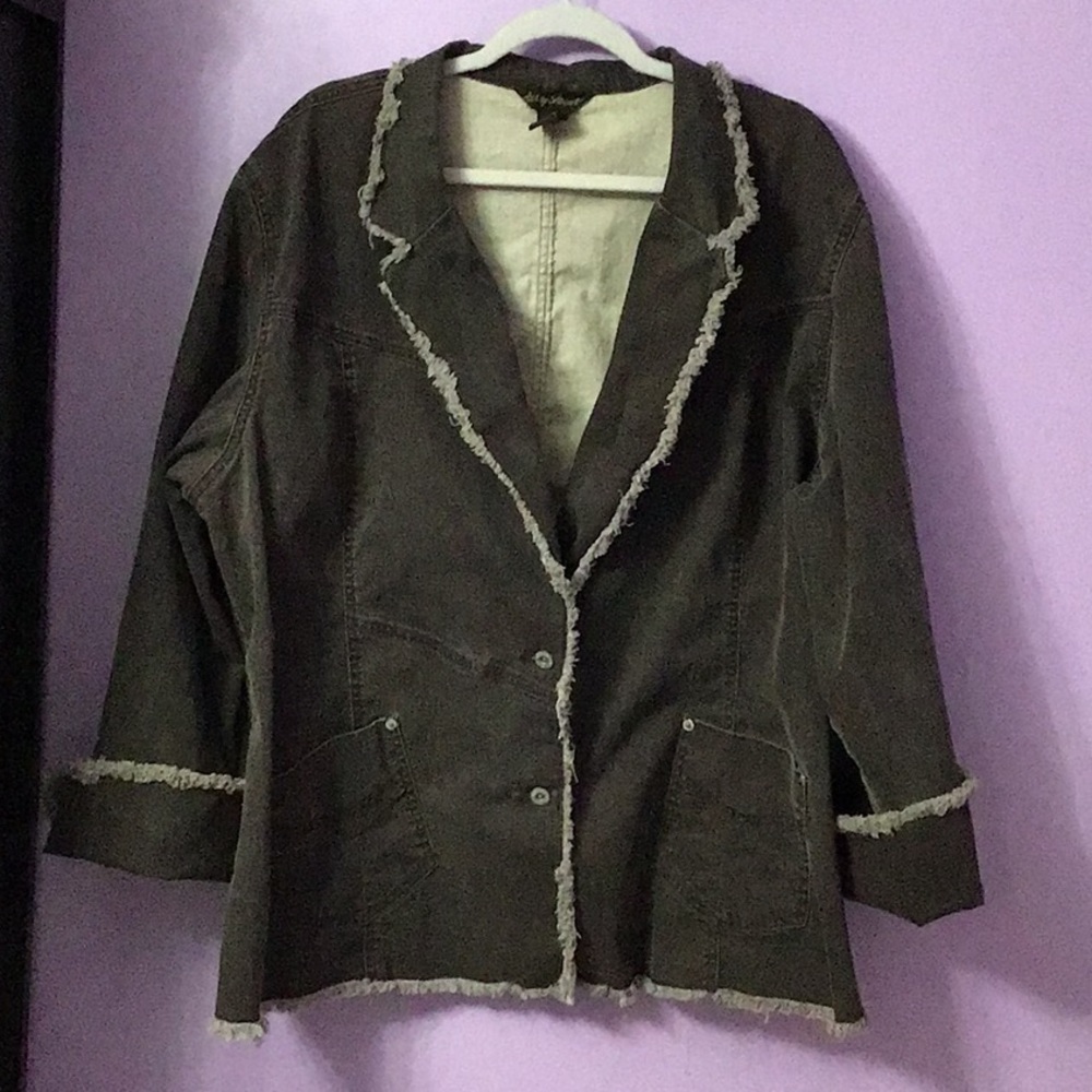 Ashley Stewart Dark Gray wash Brown Denim Blazer. Frayed edges. Size 26